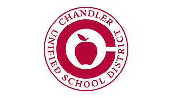 Red circular logo for Chandler Unified School District featuring an apple in the center.