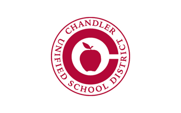 Red circular logo with an apple silhouette in the center, surrounded by the text "Chandler Unified School District.