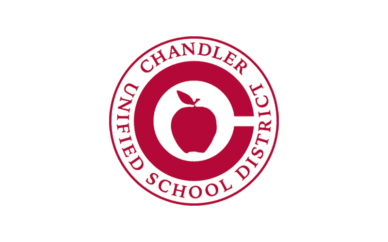 Red circular logo with an apple silhouette in the center, surrounded by the text "Chandler Unified School District.