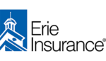 Erie Insurance logo featuring a stylized building icon on a blue background next to the company name in black text.