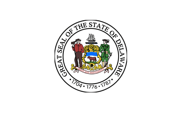 The Great Seal of the State of Delaware features two figures, a ship, and symbols of agriculture and commerce, with the dates 1704, 1776, and 1787.