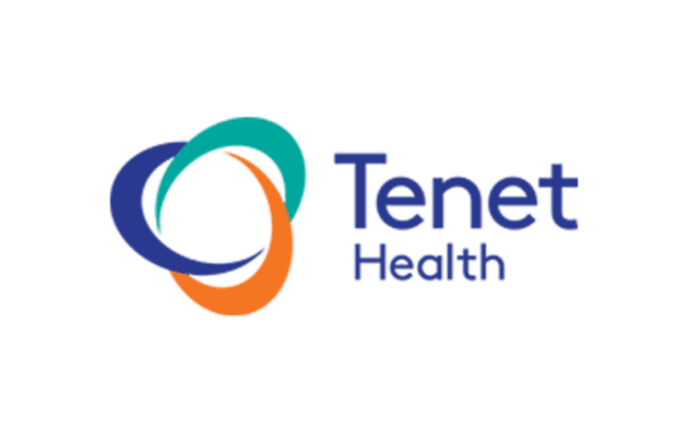 Logo of Tenet Health featuring intertwined blue, green, and orange ovals next to the text "Tenet Health" in blue.