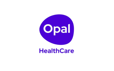 Opal HealthCare logo with a purple oval shape and white text.