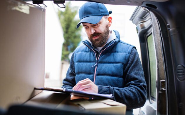 Delivery person checking a clipboard while standing next to boxes in a van.