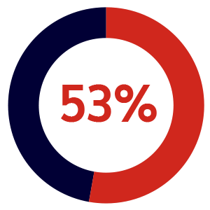 A circular chart displaying 53% in red, with slightly more than half of the ring shaded red and the remainder in dark blue.