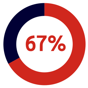 A donut chart showing 67% in red, with the remaining 33% in dark blue.