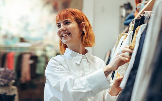 A person with short red hair, wearing a white shirt, smiles while browsing through clothes on a rack in a store.