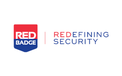 Logo with a red and blue shield, the text "RED BADGE" on it, and the phrase "REDEFINING SECURITY" beside it.