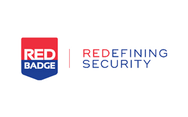 Logo with a red and blue shield, the text "RED BADGE" on it, and the phrase "REDEFINING SECURITY" beside it.