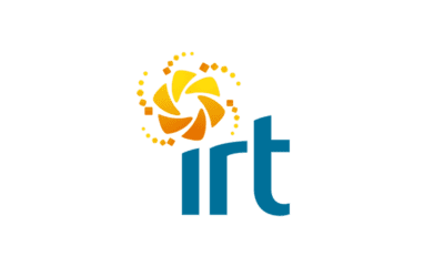 Logo with stylized orange and yellow swirl above lowercase blue letters "irt.