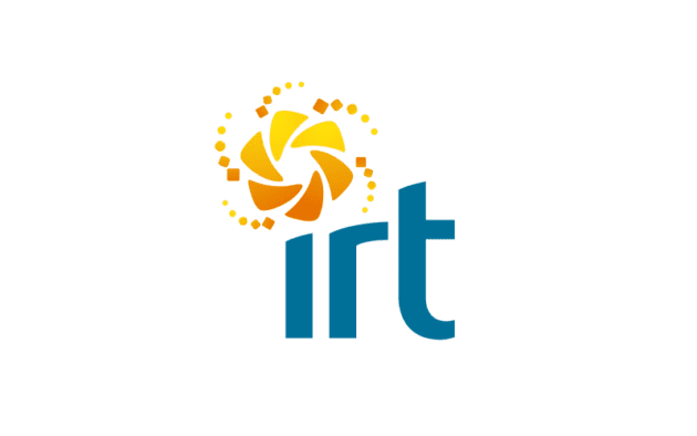 Logo with stylized orange and yellow swirl above lowercase blue letters "irt.