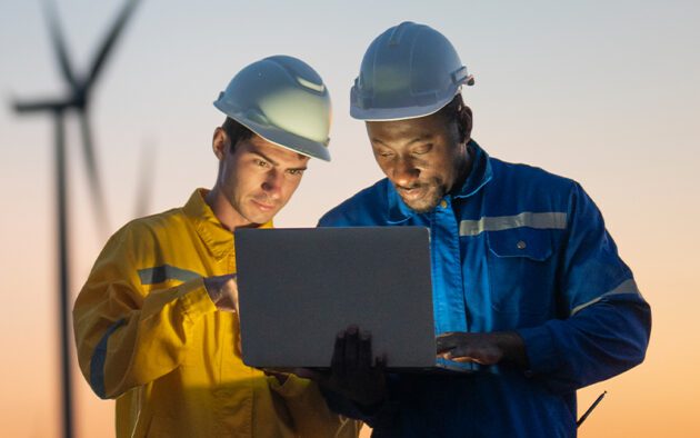 Two workers wearing helmets and safety gear are looking at a laptop screen outdoors, with wind turbines visible in the background at dusk.