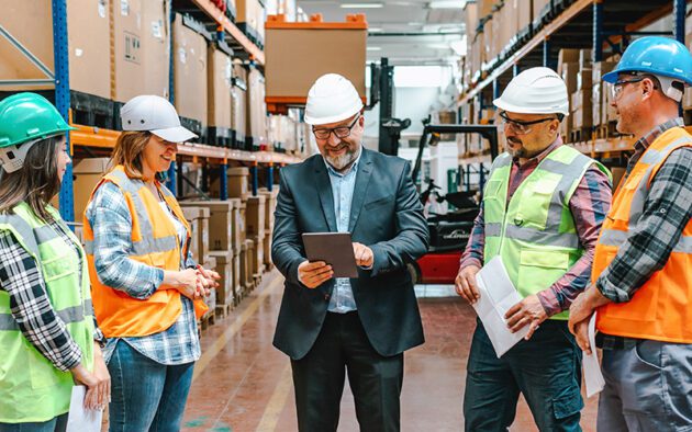 Five people in safety gear and hard hats stand in a warehouse, discussing something on a tablet held by the person in a suit.