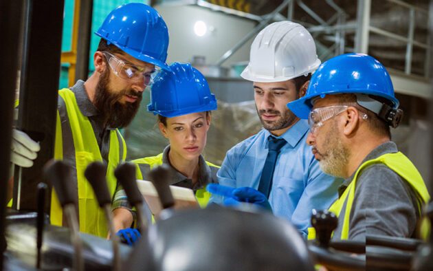 Four workers wearing safety gear and helmets review a tablet screen in an industrial setting.