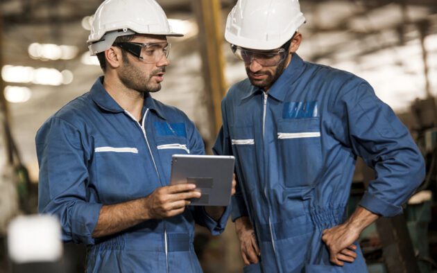 Two workers in blue coveralls and white helmets are discussing something on a tablet in an industrial setting.