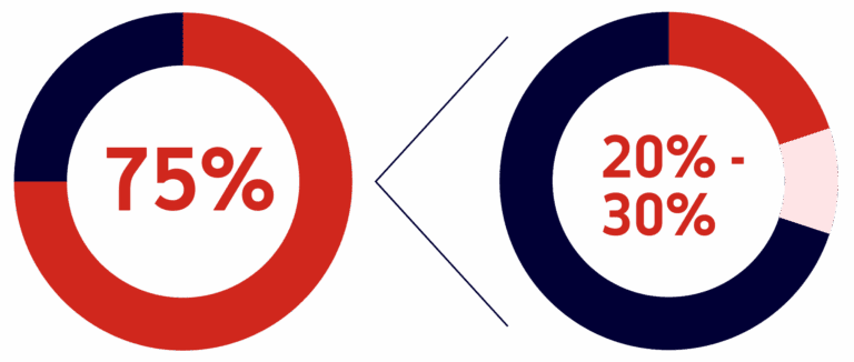 Two donut charts: the left shows 75% in red; the right shows a range of 20%-30% in red, with the rest in dark blue and a small pale pink segment.