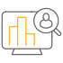 Icon of a computer monitor displaying bar graphs with a magnifying glass focused on a user profile.