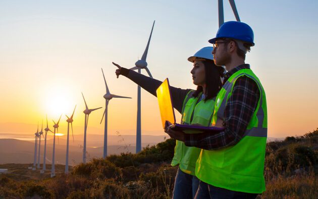 Two workers in safety vests and helmets stand in a wind farm at sunset. One points forward while the other holds a laptop. Rows of wind turbines extend into the distance.