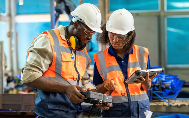 Two factory workers wearing safety vests and helmets collaborate, one holding a control panel while the other points at a tablet screen. They appear focused on a task in an industrial setting.