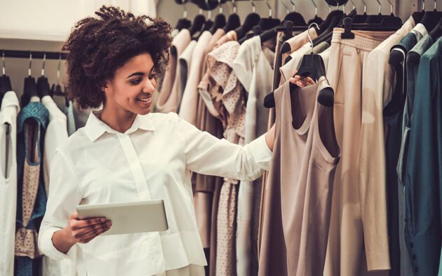 Person looking through a clothing rack holding a tablet.