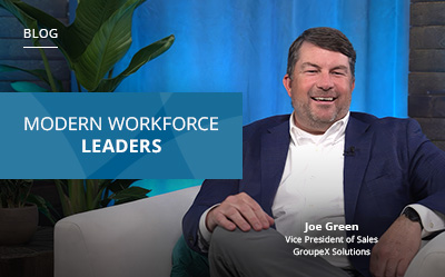 A man in a suit smiles while sitting at a set. Text reads, "Modern Workforce Leaders." The name Joe Green and his title, Vice President of Sales at GroupEX Solutions, are shown.