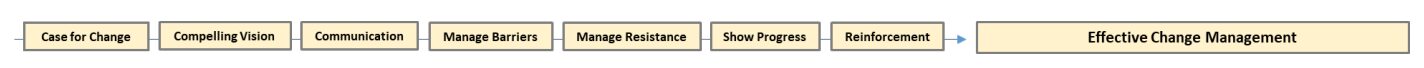 Flowchart showing "Grant Change" leading to "Engage Vision," "Communication," "Engage Narrative," "Engage Reactions," "Engage Engagement," "Endorsement," and finally to "Effective Change Management.