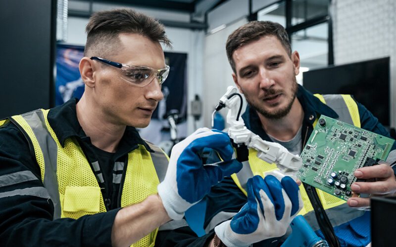 Two technicians in safety vests and gloves examine a robotic arm and a circuit board in a workshop.