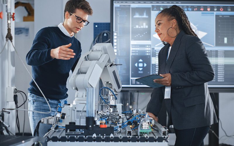 Two professionals collaborate in a laboratory setting, working with a robotic arm and discussing data displayed on a monitor and tablet.