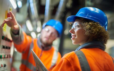 Two workers in orange vests and blue helmets operate control panels, focusing intently on the equipment.