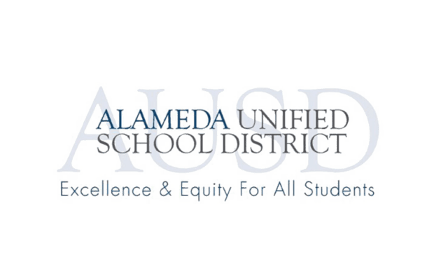 Logo of Alameda Unified School District with the slogan "Excellence & Equity For All Students" on a light background.