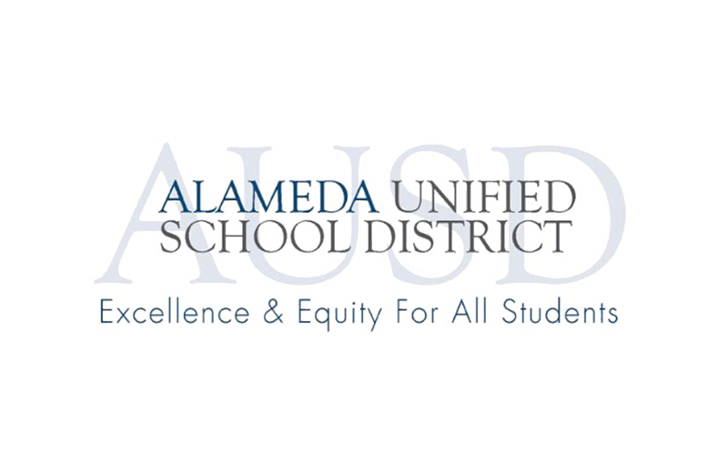 Logo of Alameda Unified School District with the slogan "Excellence & Equity For All Students" on a light background.