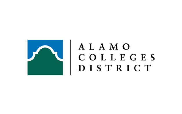 Logo of Alamo Colleges District featuring a green and blue shape on the left and the text "ALAMO COLLEGES DISTRICT" on the right.