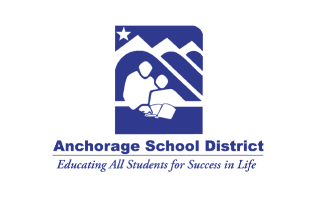 Logo of Anchorage School District featuring stylized figures of people and mountains, with the text "Educating All Students for Success in Life.