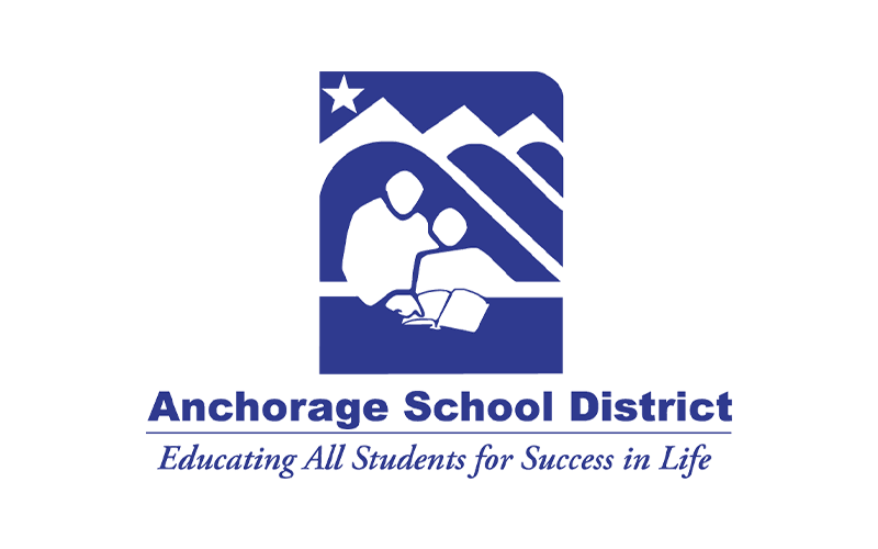Logo of Anchorage School District featuring stylized figures of people and mountains, with the text "Educating All Students for Success in Life.