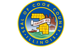 Seal of Cook County, Illinois, features a map outline, the date January 1831 on a banner, a ship, and skyline silhouettes, encircled by a blue border with the text "Seal of Cook County Illinois.