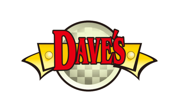 Logo with text "Dave's" in red on a circular background with yellow ribbon accents.