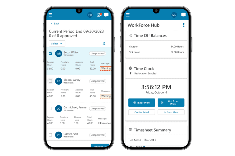 Two smartphone screens display a time management app with timesheets, time off balances, and clock-in options.