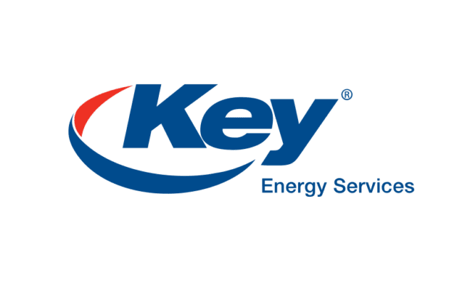 Logo for Key Energy Services with "Key" in bold blue letters and a red and blue swoosh underneath.