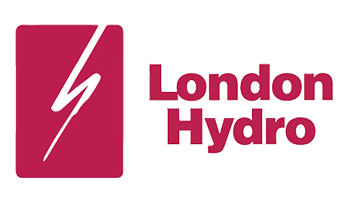 Logo of London Hydro with a stylized lightning bolt on a red background next to the company name in red text.