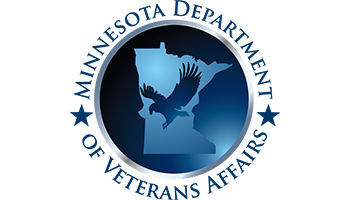 A circular logo features an outline of Minnesota with a flying eagle silhouette in the center, enclosed by a metallic rim against a dark blue background.