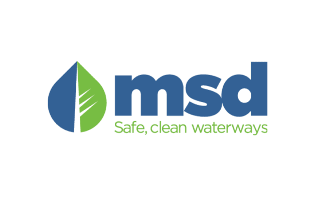 Logo of MSD with a blue and green leaf design, accompanied by the tagline "Safe, clean waterways.