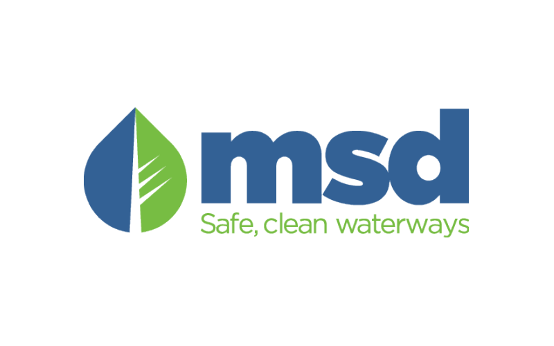 Logo of MSD with a blue and green leaf design, accompanied by the tagline "Safe, clean waterways.