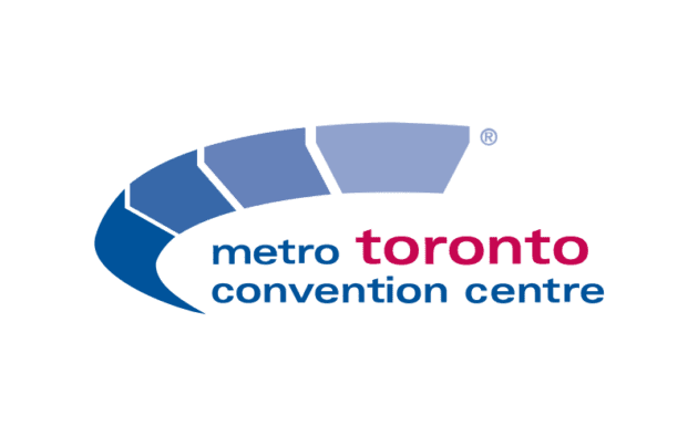 Logo of Metro Toronto Convention Centre with a blue crescent shape and the text in blue and red.