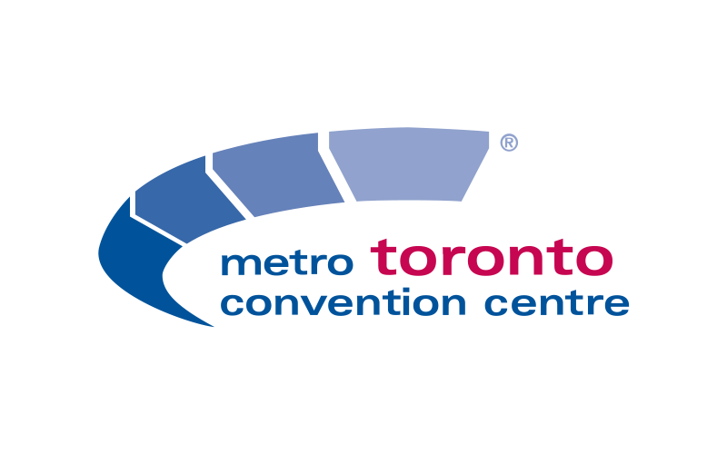 Logo of Metro Toronto Convention Centre with a blue crescent shape and the text in blue and red.