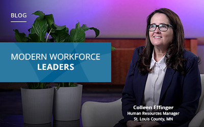 A woman in a business suit sits beside potted plants. Text reads "Modern Workforce Leaders" and "Colleen Effinger, Human Resources Manager, St. Louis County, MN.