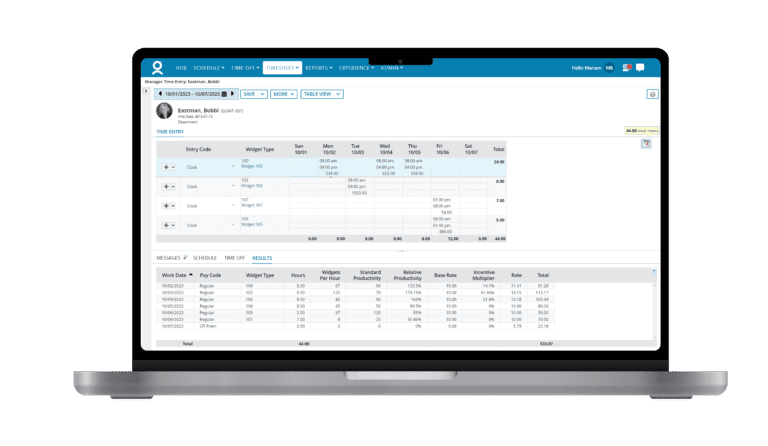 A laptop displaying a timesheet management software interface with detailed working hours, entry codes, and payroll information.