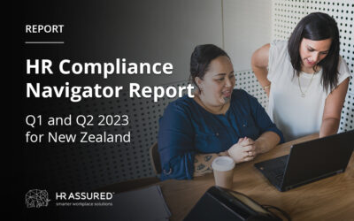 Two people are looking at a laptop screen. The text reads: "HR Compliance Navigator Report Q1 and Q2 2023 for New Zealand.