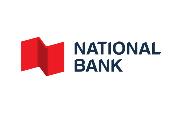 Red and white National Bank logo with a folded paper design next to the text "National Bank" in blue.