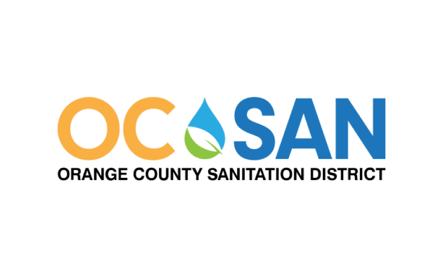 Logo of the Orange County Sanitation District with "OC SAN" in bold letters, featuring a green leaf and blue water drop.