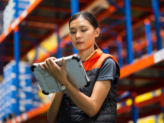 A warehouse worker in a vest is holding a tablet while standing in front of shelves.